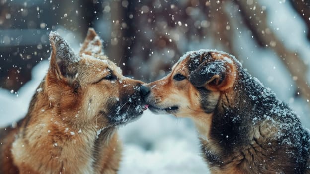 Two dogs are kissing each other in the snow