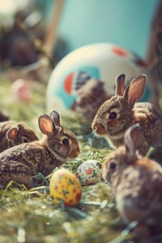 A group of rabbits are sitting on the ground next to easter eggs