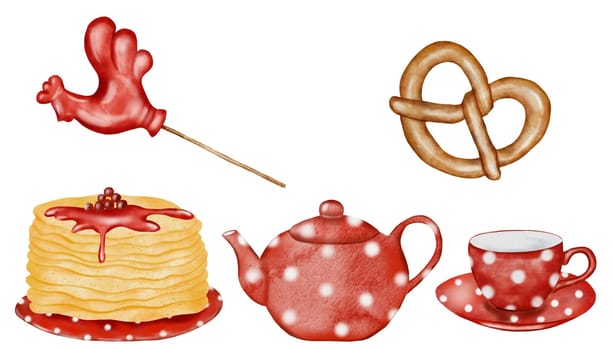 Maslennitsa watercolor set hand painting on isolated white background. Drawings of pancakes with jam on a plate, a teapot and a cup in red color. Pretzel and lollipop in the form of a rooster on a stick. To decorate banners and postcards for Shrove Shrovetide. High quality illustration