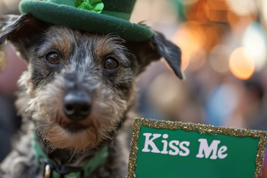 A dog wearing a green hat with the words kiss me on it