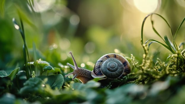 A snail is crawling through the grass and leaves