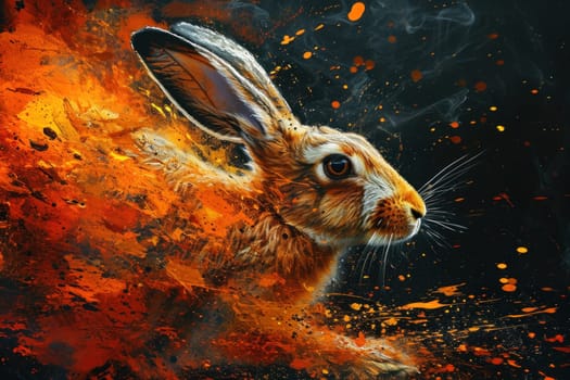 A painting of a rabbit in orange and red splattered paint