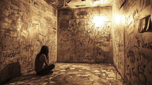 A woman sitting in a room with lots of writing on the walls