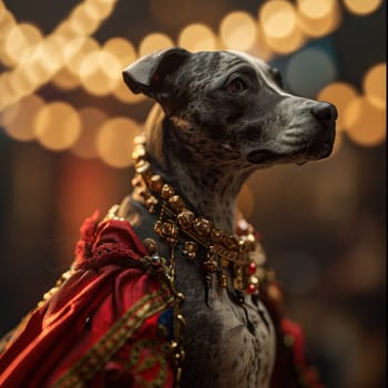 A dog wearing a red and gold collar with jewels