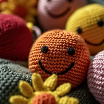 A group of crocheted balls with smiley faces and flowers