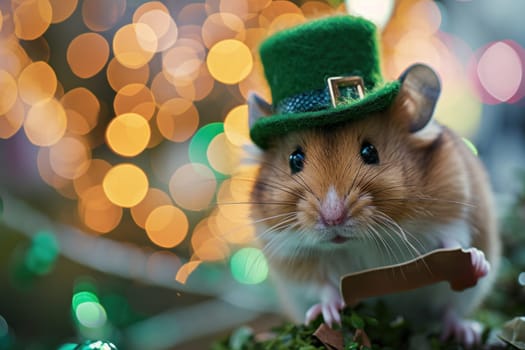 A small brown and white mouse wearing a green hat