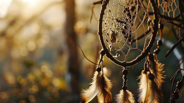 A dream catcher hanging from a tree branch in the woods