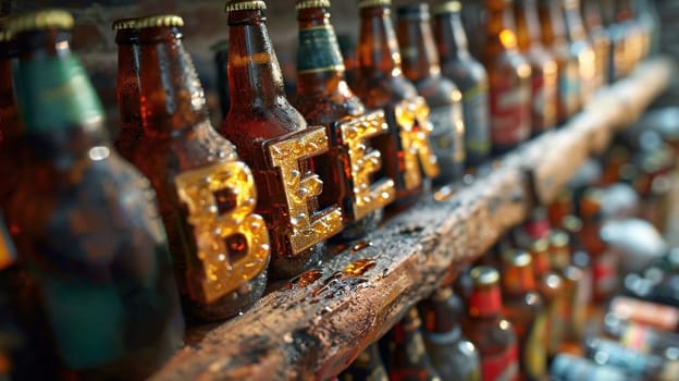 A row of bottles with the word beer on them