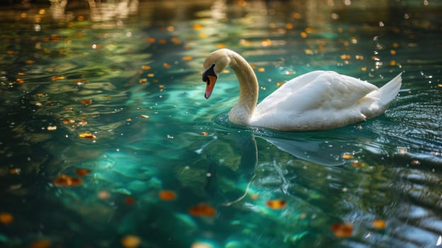 A swan swimming in a lake with leaves floating on the water