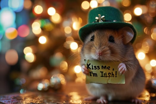 A small mouse wearing a green hat holding up a sign