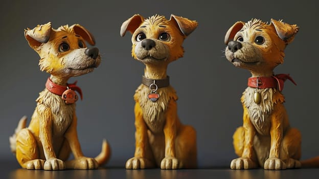 Three small yellow dogs sitting side by side on a gray background