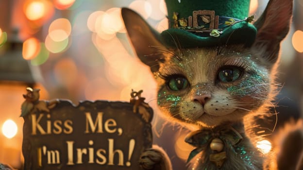 A close up of a cat wearing an irish hat and holding a sign