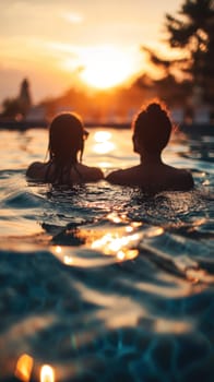 Two people are swimming in a pool at sunset