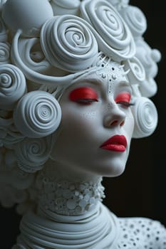 A close up of a woman with white hair and red lipstick