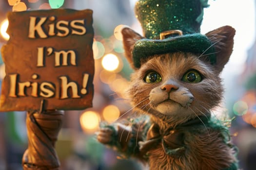 A cat dressed up in a green hat and holding an irish sign