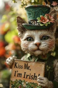 A cat statue with a green hat and holding up an irish sign