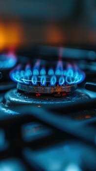 A close up of a gas stove with blue flames coming out