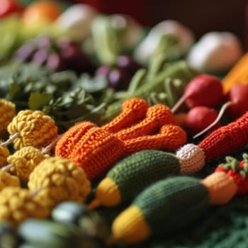 A close up of a bunch of knitted vegetables on top of each other