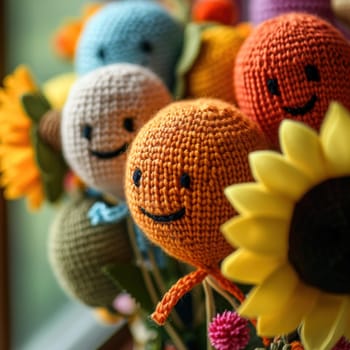 A bunch of crocheted flowers are sitting in a vase