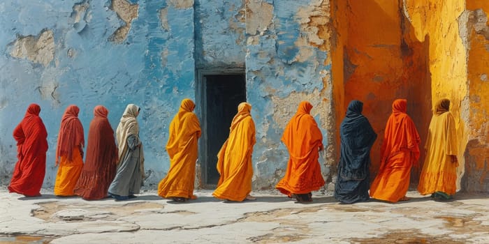 A group of women in colorful robes walking down a street