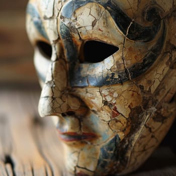 A close up of a mask on top of wood table
