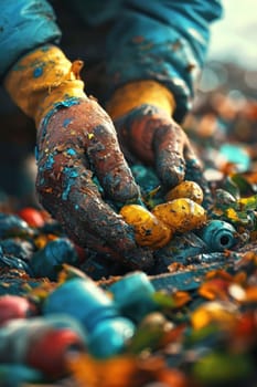 A person with dirty hands holding a bunch of different colored objects