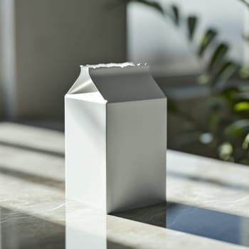 A white cardboard box sitting on a table next to some plants