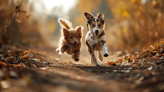 Two dogs running together on a dirt road in autumn