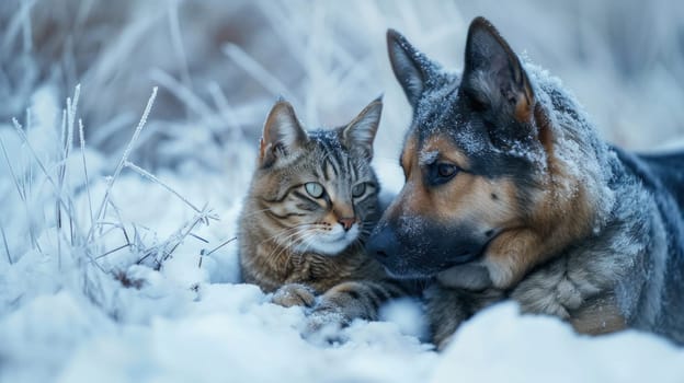 A cat and dog in the snow together, looking at each other