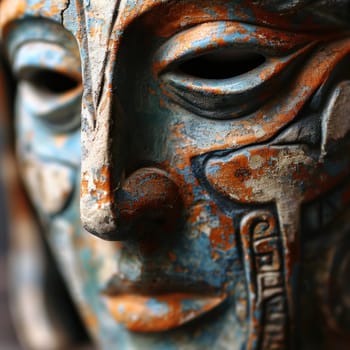 A close up of a mask with blue and orange paint on it