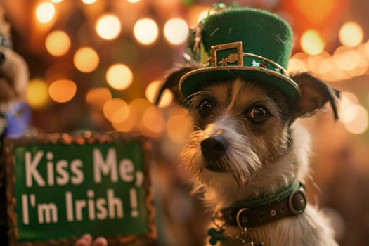 A dog wearing a green hat with the words kiss me i'm irish