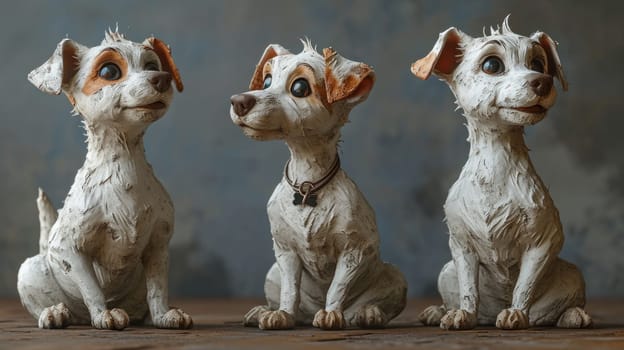 Three white dogs sitting on a wooden floor with one looking up