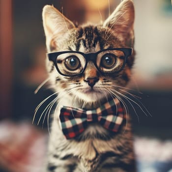 A cat wearing glasses and a bow tie sitting on top of some fabric