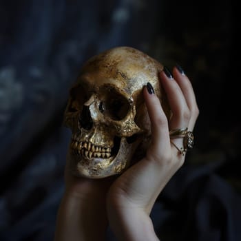 A person holding a skull in their hands with black nails