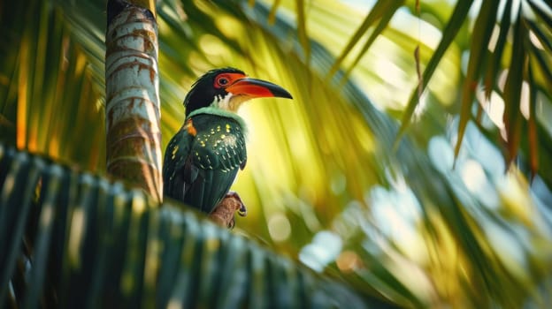 A colorful bird perched on a tree branch with leaves