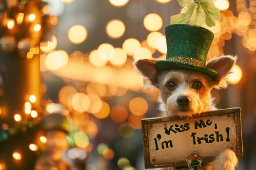 A dog wearing a green hat with the words kiss me i'm irish