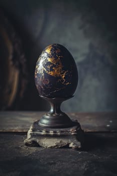 A black and gold egg on a stand with an old wooden table