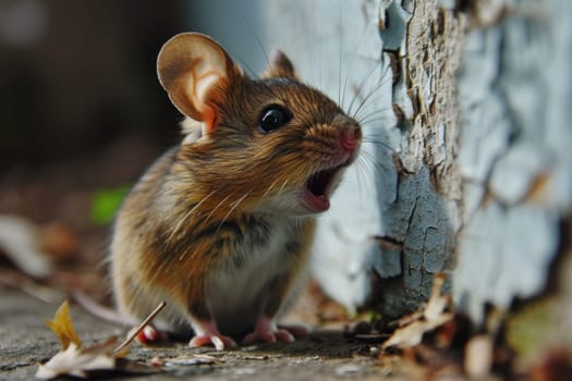 A small mouse sitting on the ground next to a wall