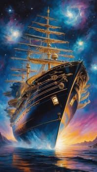 Sailing ship in the night sky. Oil painting on canvas. AI Generated.