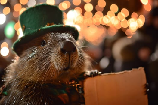 A beaver wearing a green hat and holding up a sign