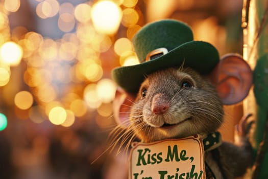 A stuffed mouse wearing a green hat and holding up an irish sign