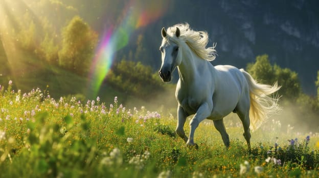 A white horse running through a field of flowers and grass