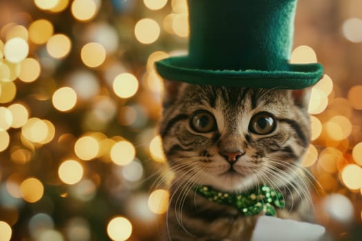 A cat wearing a green hat with a bow tie