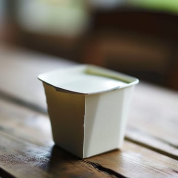 A small white container sitting on top of a wooden table