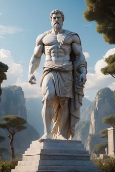 Statue of warrior man in park from greek mythology. AI Generated.