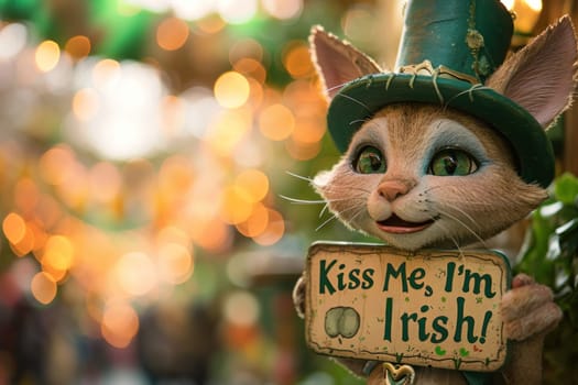 A stuffed animal holding a sign that says kiss me irish