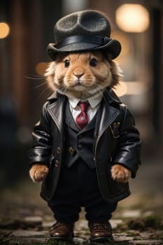 3d rabbit wearing a hat and leather jacket in the city. Peaky blinder style. AI Generated.