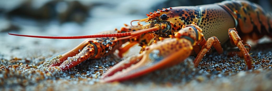 A lobster with a red and orange shell is laying on the ground