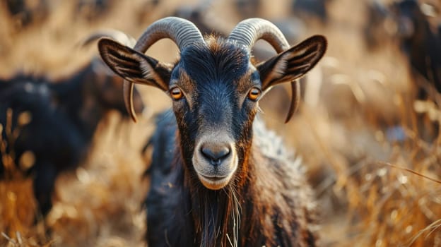 A close up of a goat with large horns in the grass