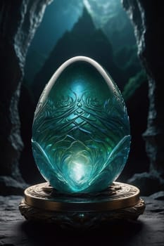 Dragon egg glass vase in cave. Fantasy landscape. 3D rendering. AI Generated.